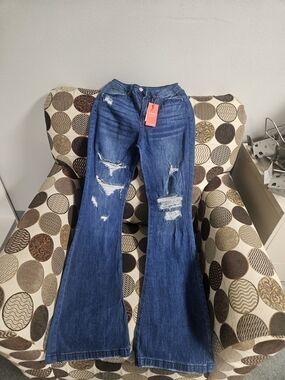 High-Rise Distressed Wide Leg Jeans in Dark Blue
